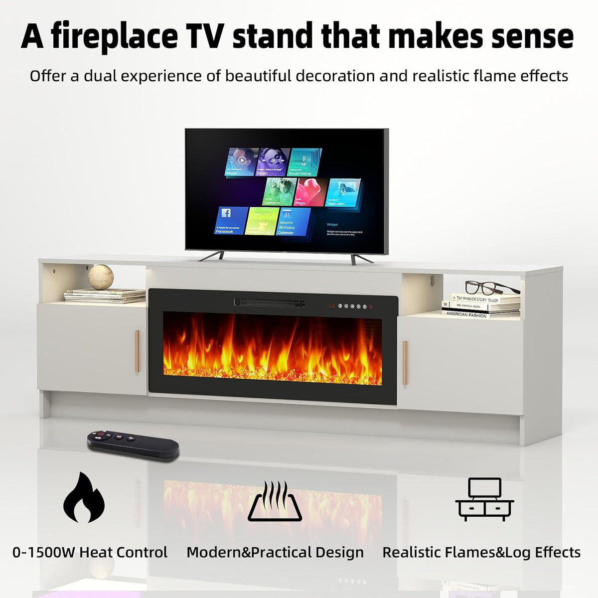 70 Inch TV Stand with 36 Inch Electric Fireplace, Modern White Glossy Doors Entertainment Center for TVs Up to 80", TV Media Console with 20 Color LED Lights and Storage Cabinets for Living Room
