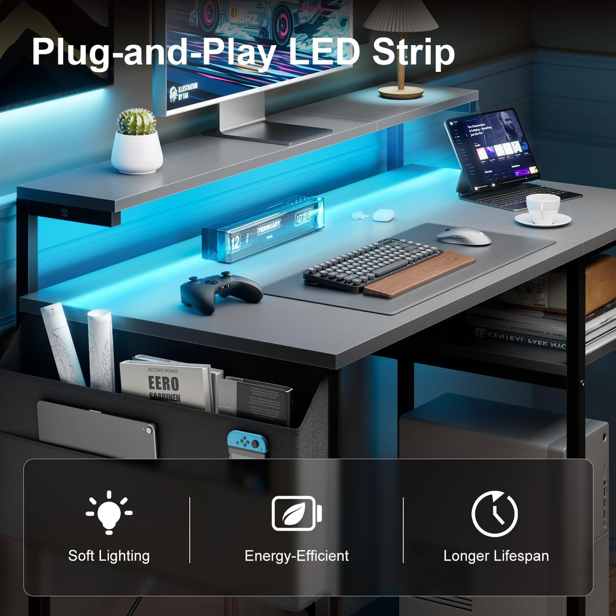 HLDIRECT 40" Gaming Desk with 3-Height Adjustable Monitor Stand