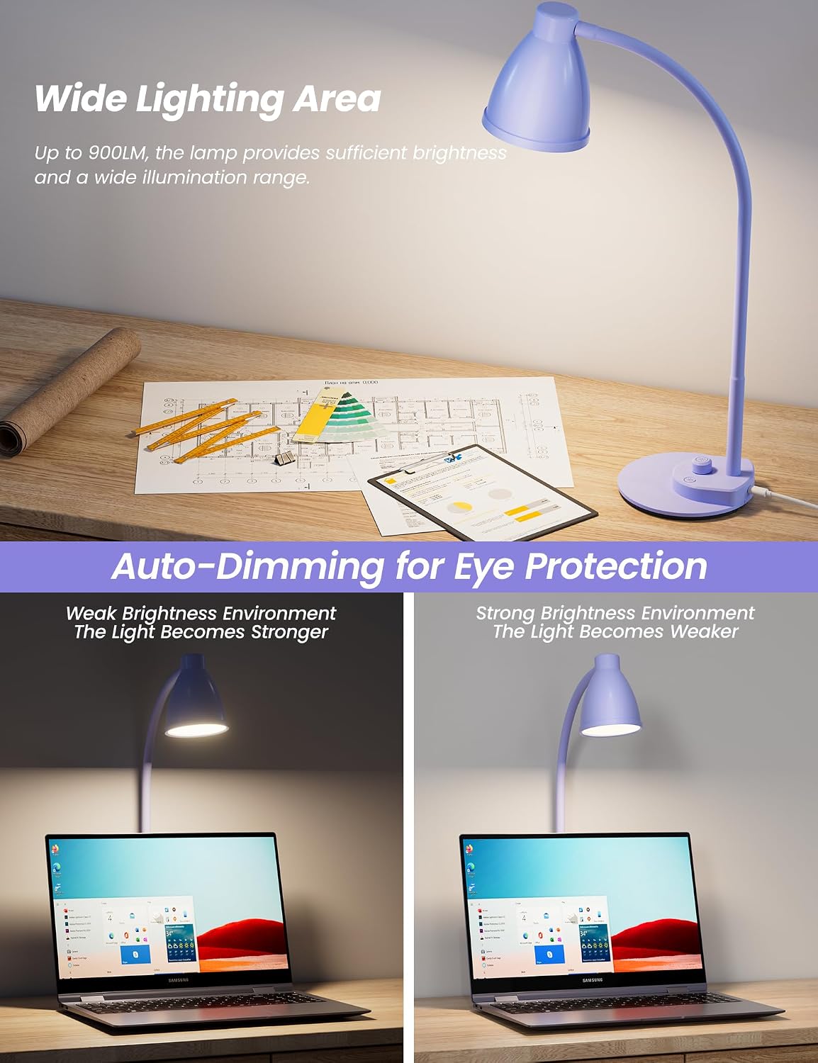 BOHON LED Desk Lamp with USB Charging Port, 3 Color Modes Dim, Lilac Purple