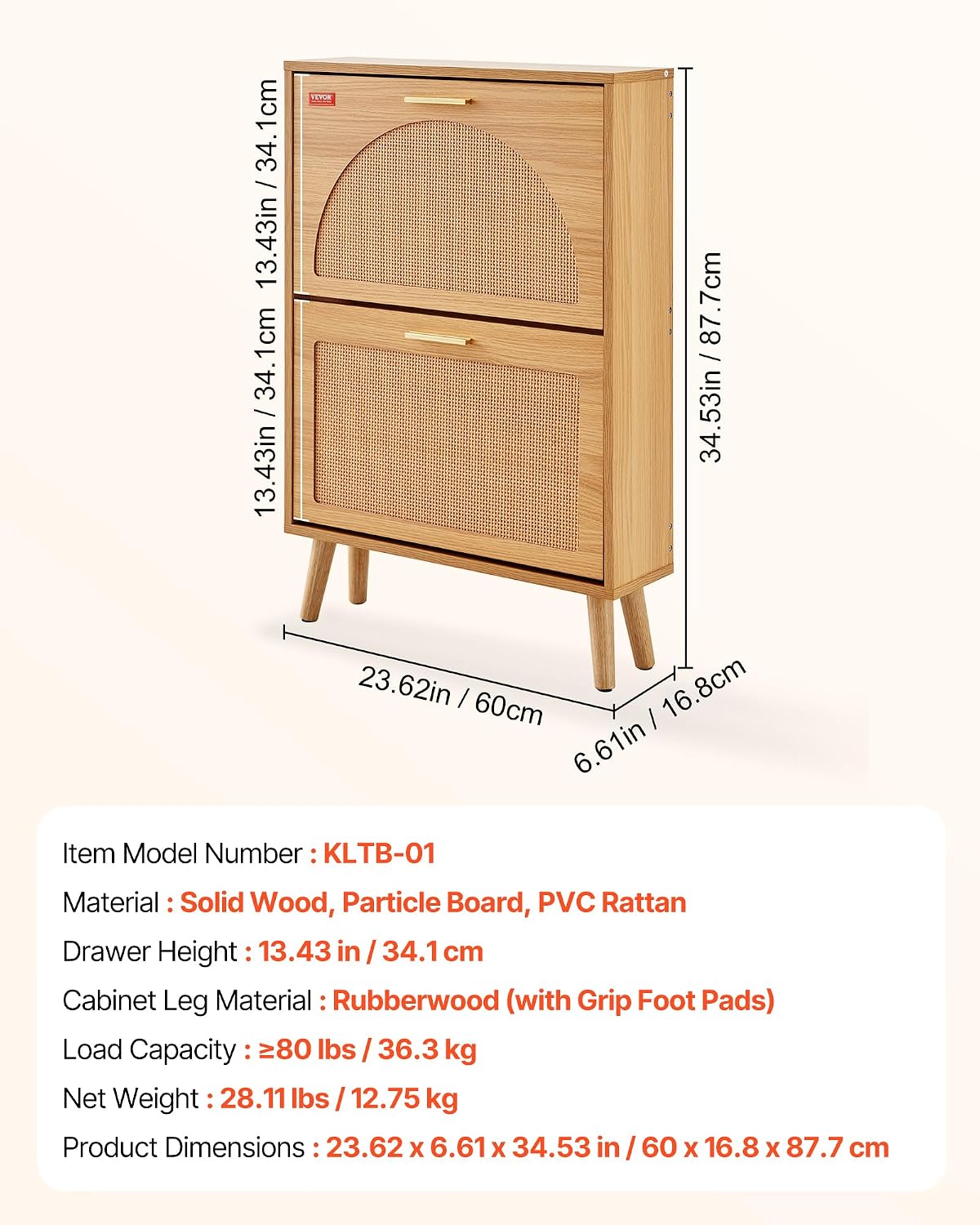VEVOR Shoe Cabinet with 2 Flip Drawers, Shoe Storage Cabinet for Entryway, Free Standing Shoe Storage Organizer with Rattan Doors for Heels, Boots, Slippers in Hallway, Living Room