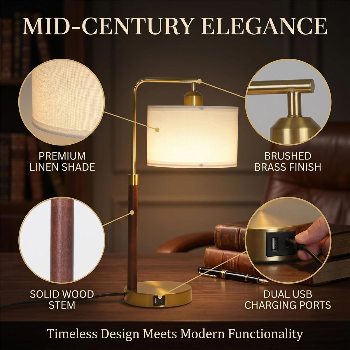 LAMSU Touch Lamp for Nightstand, Mid Century Table Lamp with Bulb, Solid Wood Pole, Dimmable Bedside Lamp with USB Charging Ports, Modern Gold Tall Desk Lamps for Bedroom Living Room Office