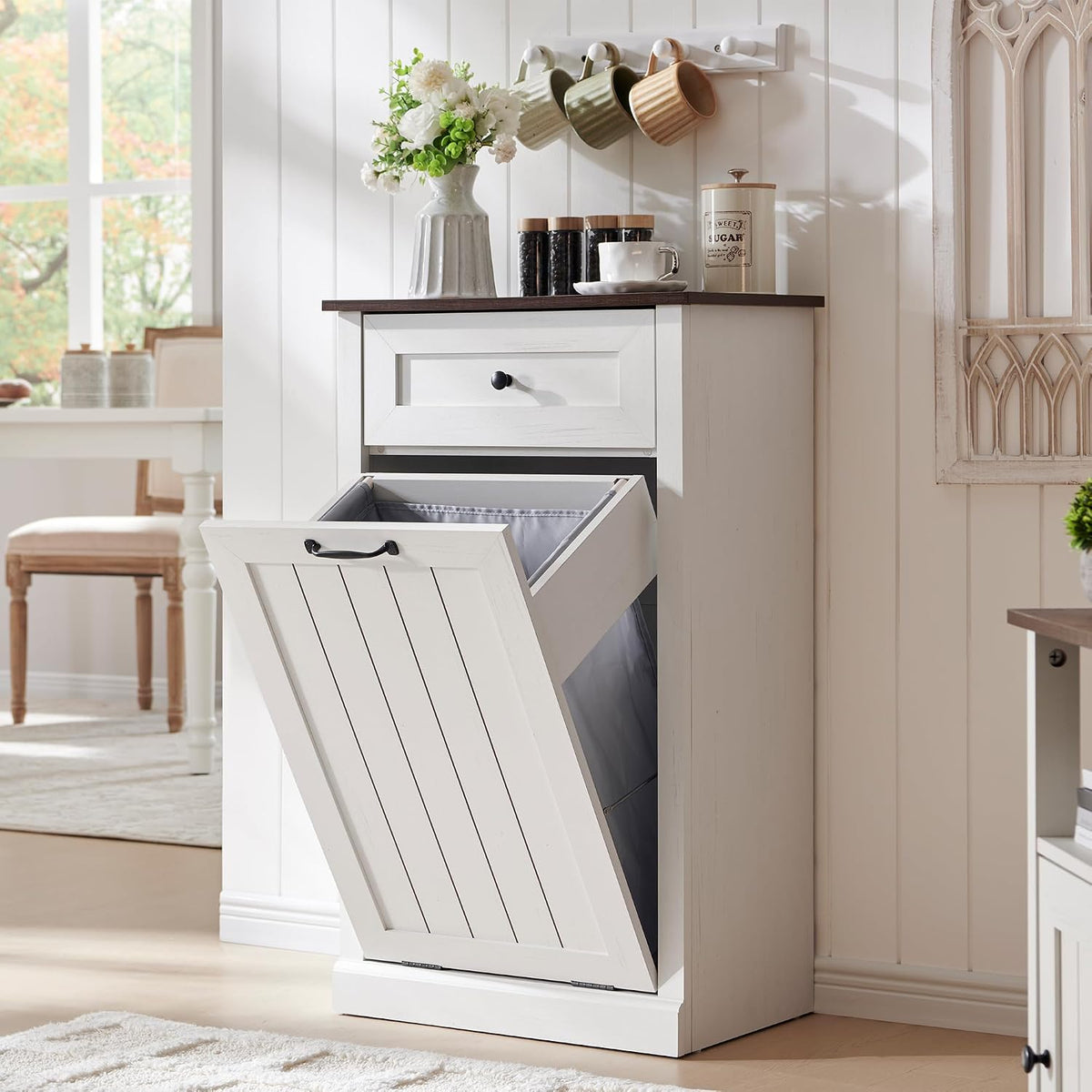 IFGET Tilt Out Trash Can Cabinet, Trash Cabinet w/Drawer, Antique White