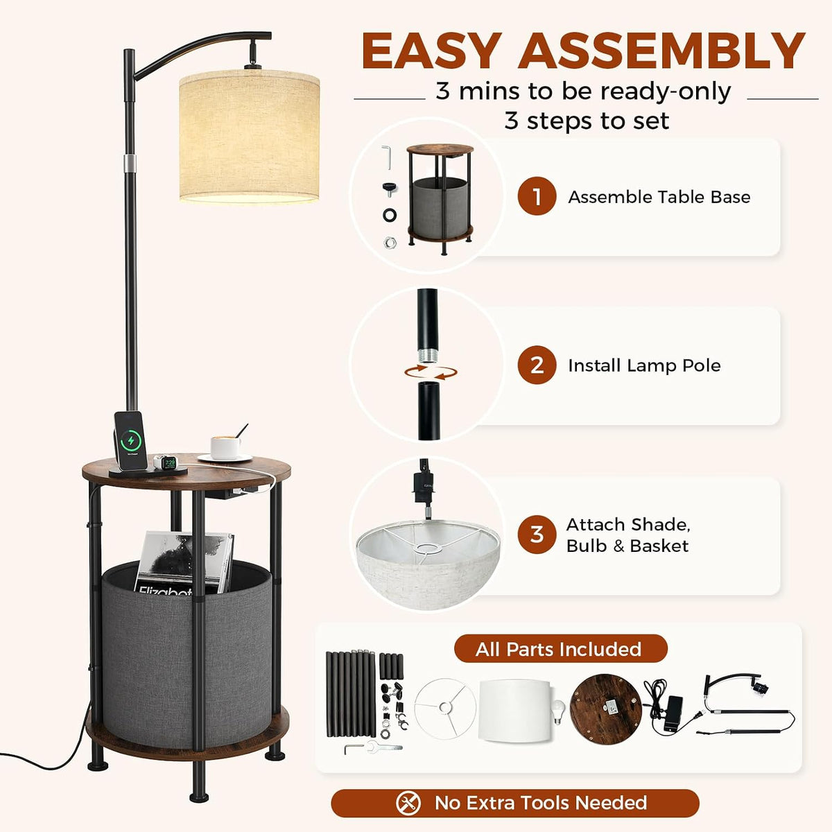 Floor Lamp with Table,Nightstand with Charging Station Living Room
