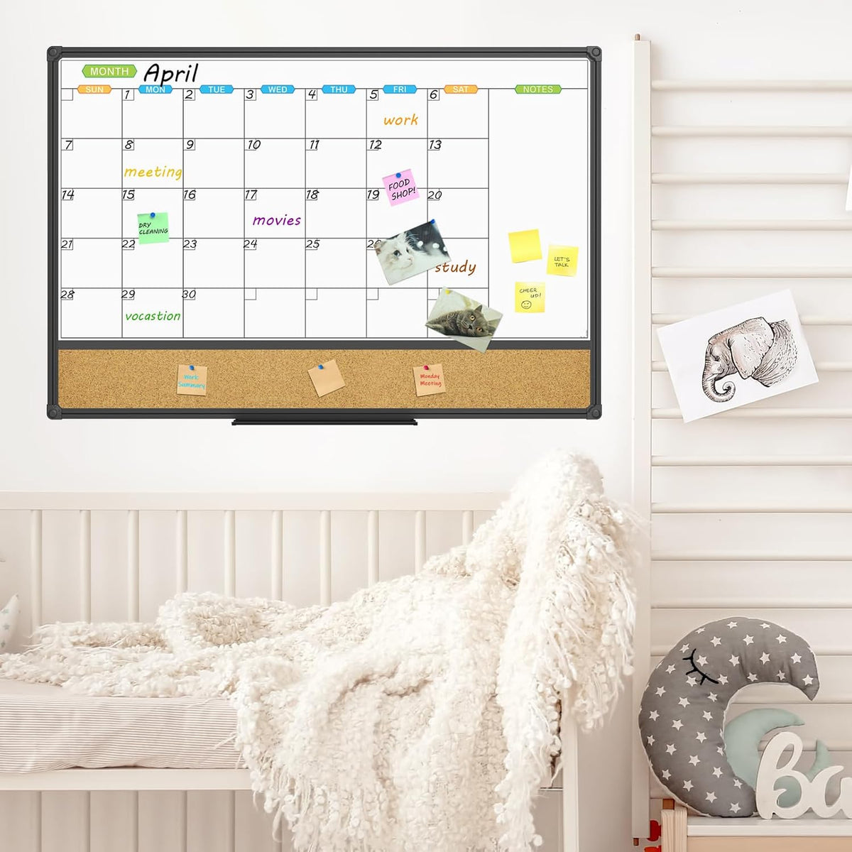 JILoffice Magnetic Calendar Whiteboard & Bulletin Corkboard Combination, Combo Board 36 x 24 Inch, Black Aluminum Frame Wall Mounted Board for Office Home and School with 10 Push Pins