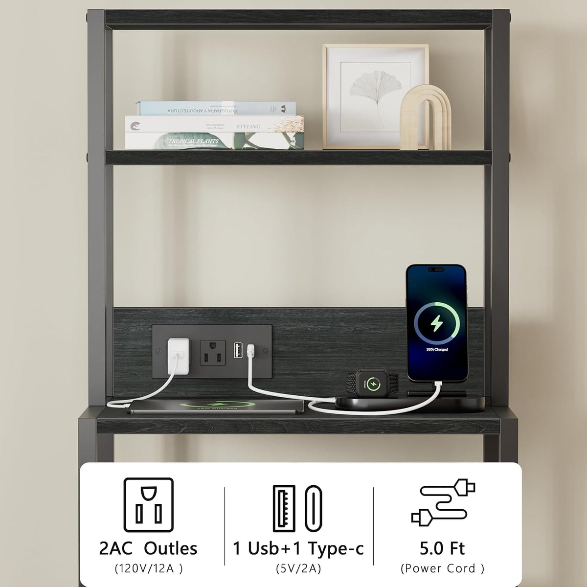 Furnulem Night Stand, Tall Nightstand with Charging Station for Bedroom