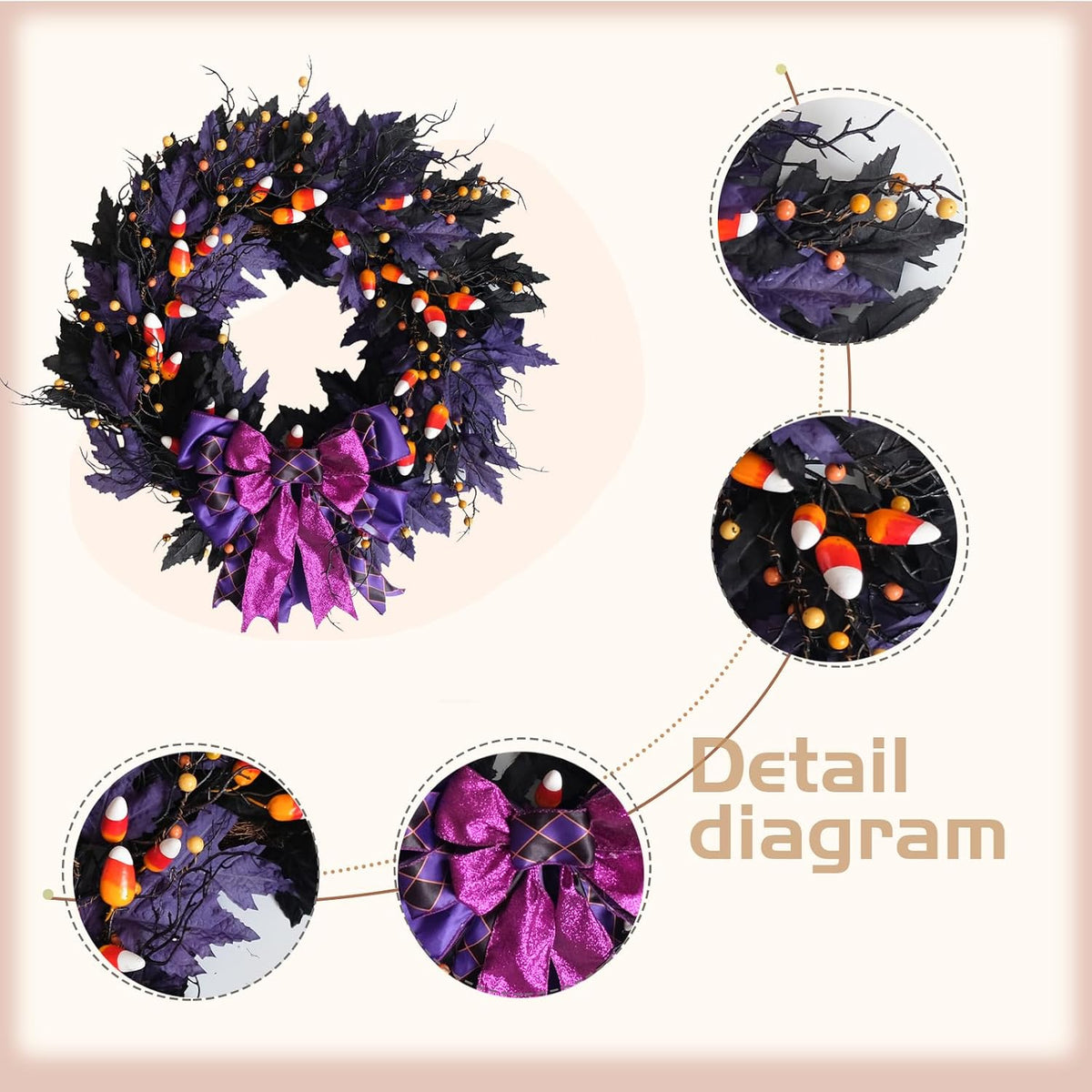 idyllic 22 Inches Halloween Door Wreath, Black Halloween Wreaths for Front Door with Purple Bow Witch Ornaments Decorations