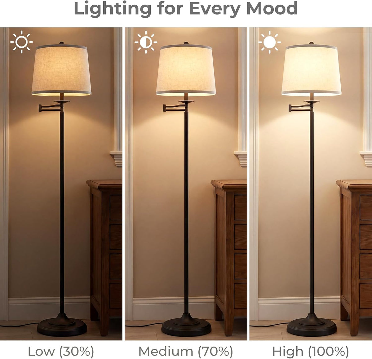 Qingmiao 61" Vintage Floor Lamp with Swing Arm 350° Adjustable, 3-Way Bulb