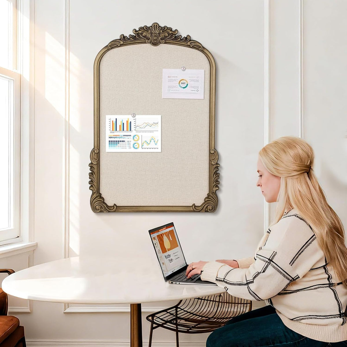 Arch Fabric Pin Board, 19" x 27" Vintage Bulletin Board with Gold Frame