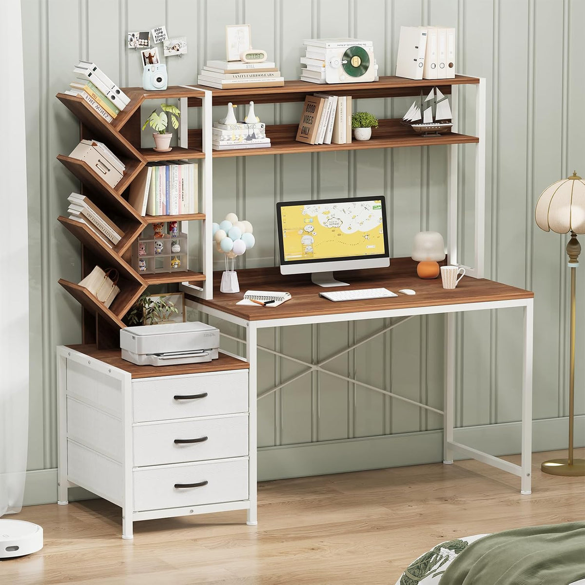 YOMILUVE 52" Computer Desk with Bookshelf, 3 Drawers ＆ Hutch for Bedroom
