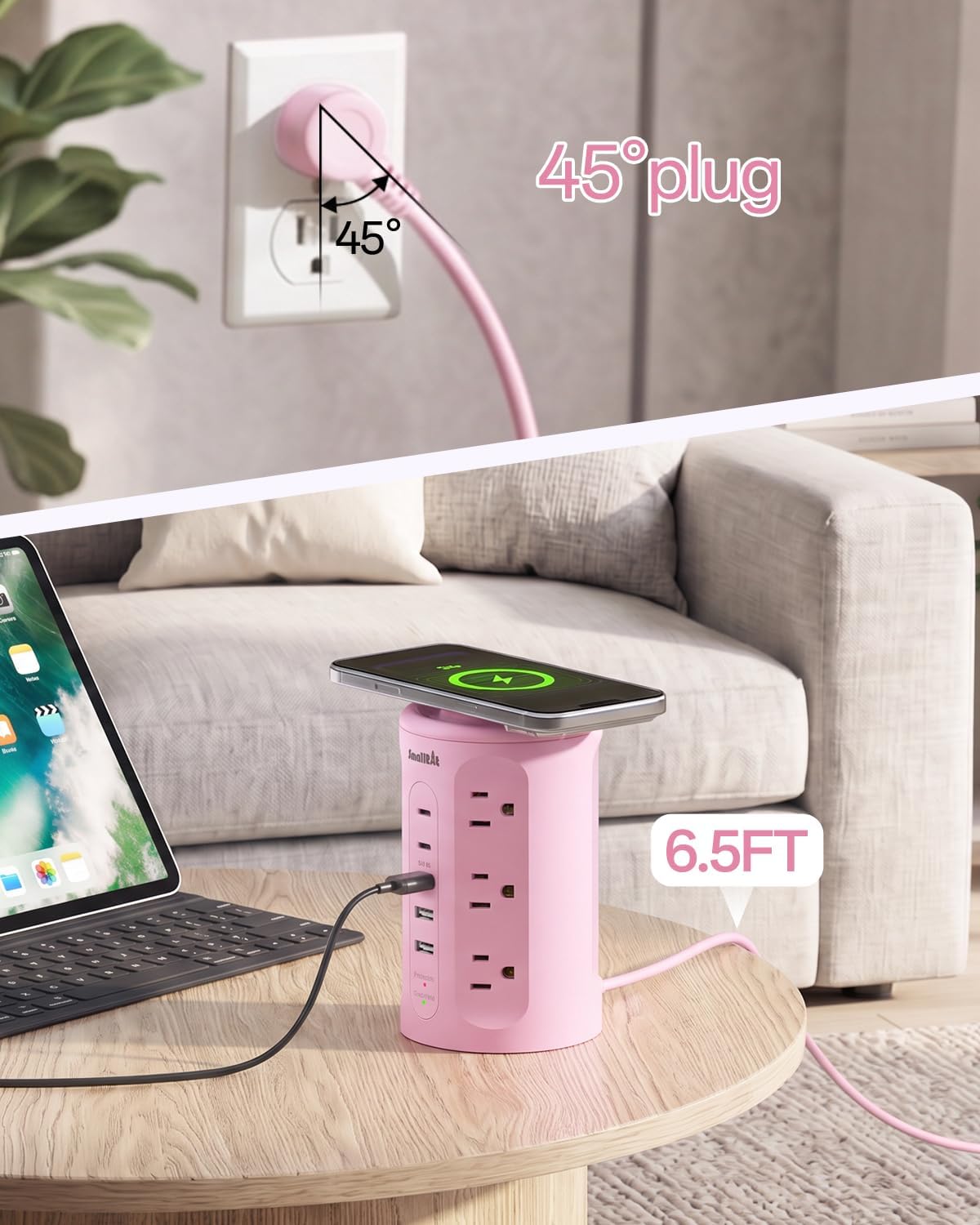 Power Strip with USB Ports,Extension Cord with Multiple Outlets (12AC+3A+2C), 6.5 FT Desk Pink Power Strip Tower Charging Station for Home, Office, College Dorm Essentials