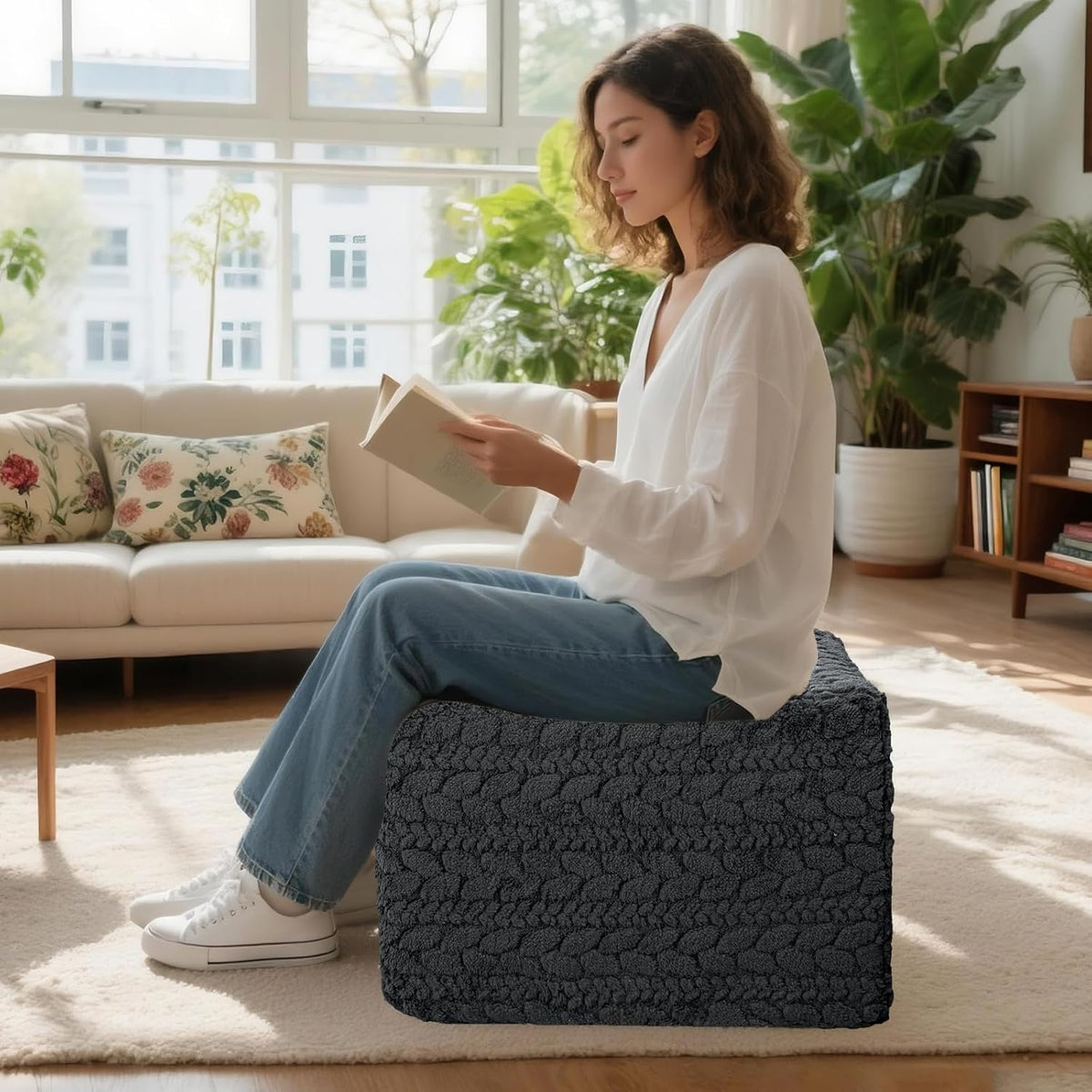 Poofieotto Square Ottoman Footrest Pouf Couch Foot Stool 20x20x14 in, Gray