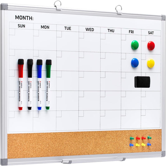 Comix Magnetic Calendar Whiteboard & Corkboard Combo, 24 x 18 Inches