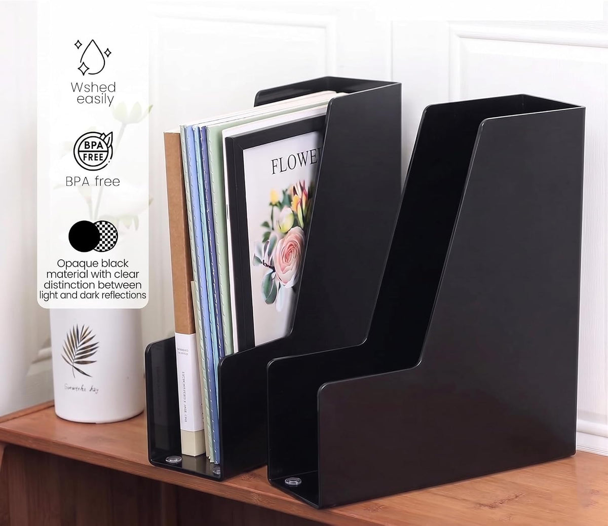 Vertical Magazine File Holder, Black File Organizer Desk Organizer and Storage Bins Holding for Magazines, Binders, Notebooks, Envelopes, Plastic Office Organization and Storage for Desk, 4 Pack