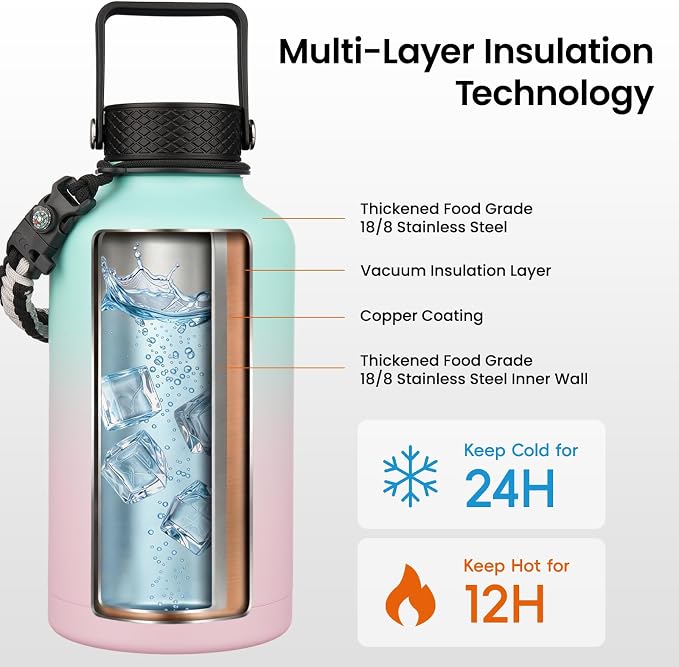 Konokyo 50 oz Insulated Stainless Steel Water Bottle Jug
