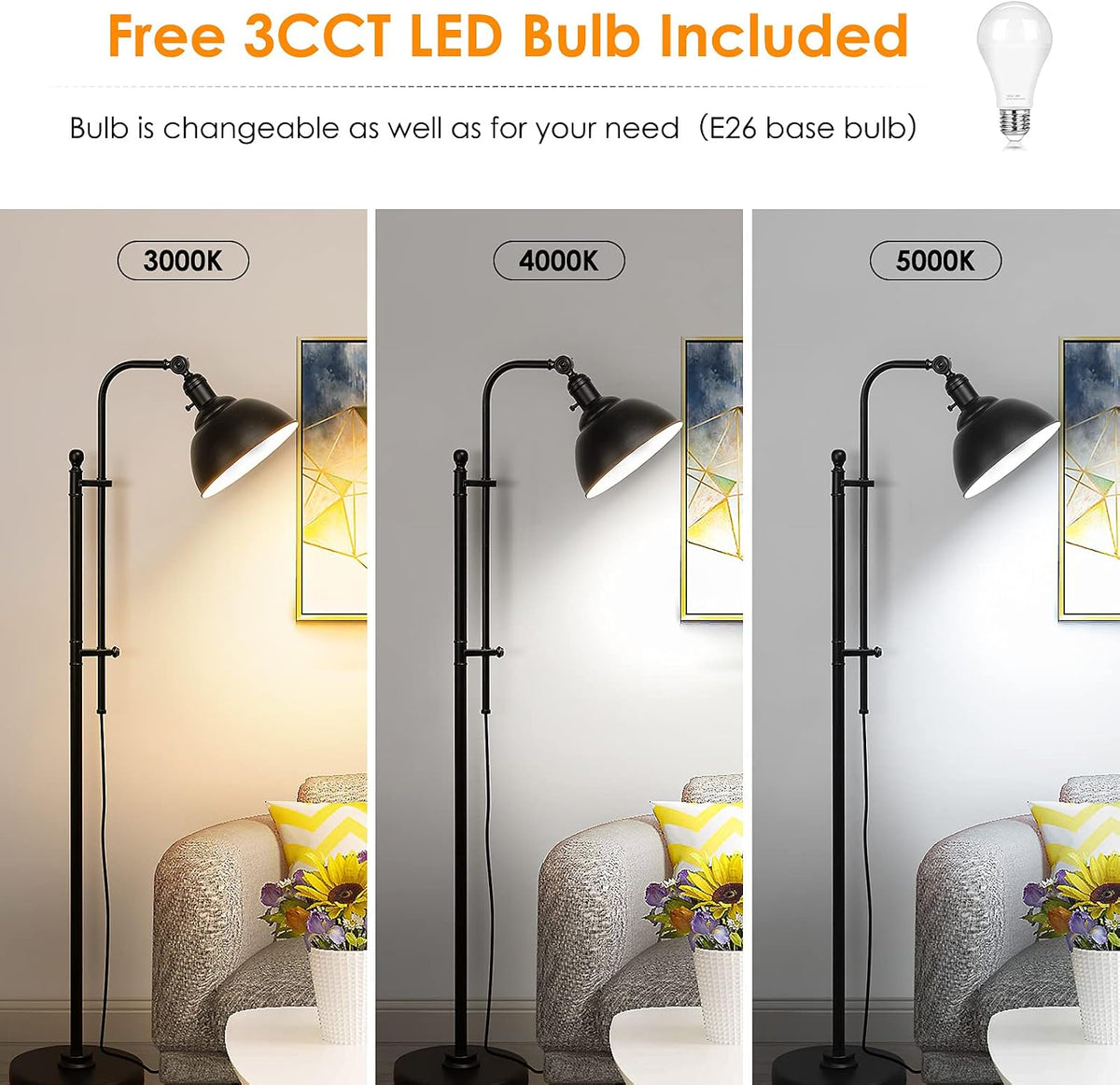 Coucrek Industrial Floor Lamp, Farmhouse Reading Lamp with 3CCT Bulb