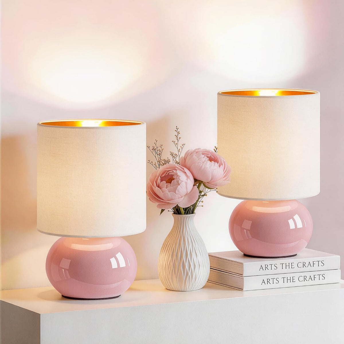 Hamucd Ceramic Table Lamps Set of 2, Modern Classic Bedside Lamps for Nightstand, Small Table Lamp for Bedroom Living Room Desk End Table (Pink)