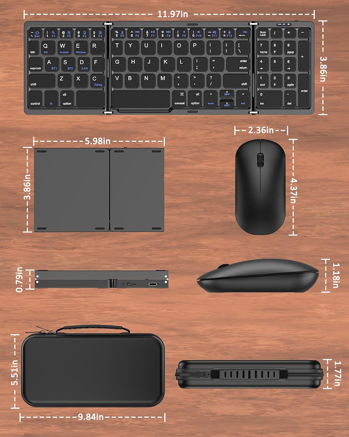 Foldable Keyboard Mouse Combo for Travel,Bluetooth/2.4G Rechargeable(Black)