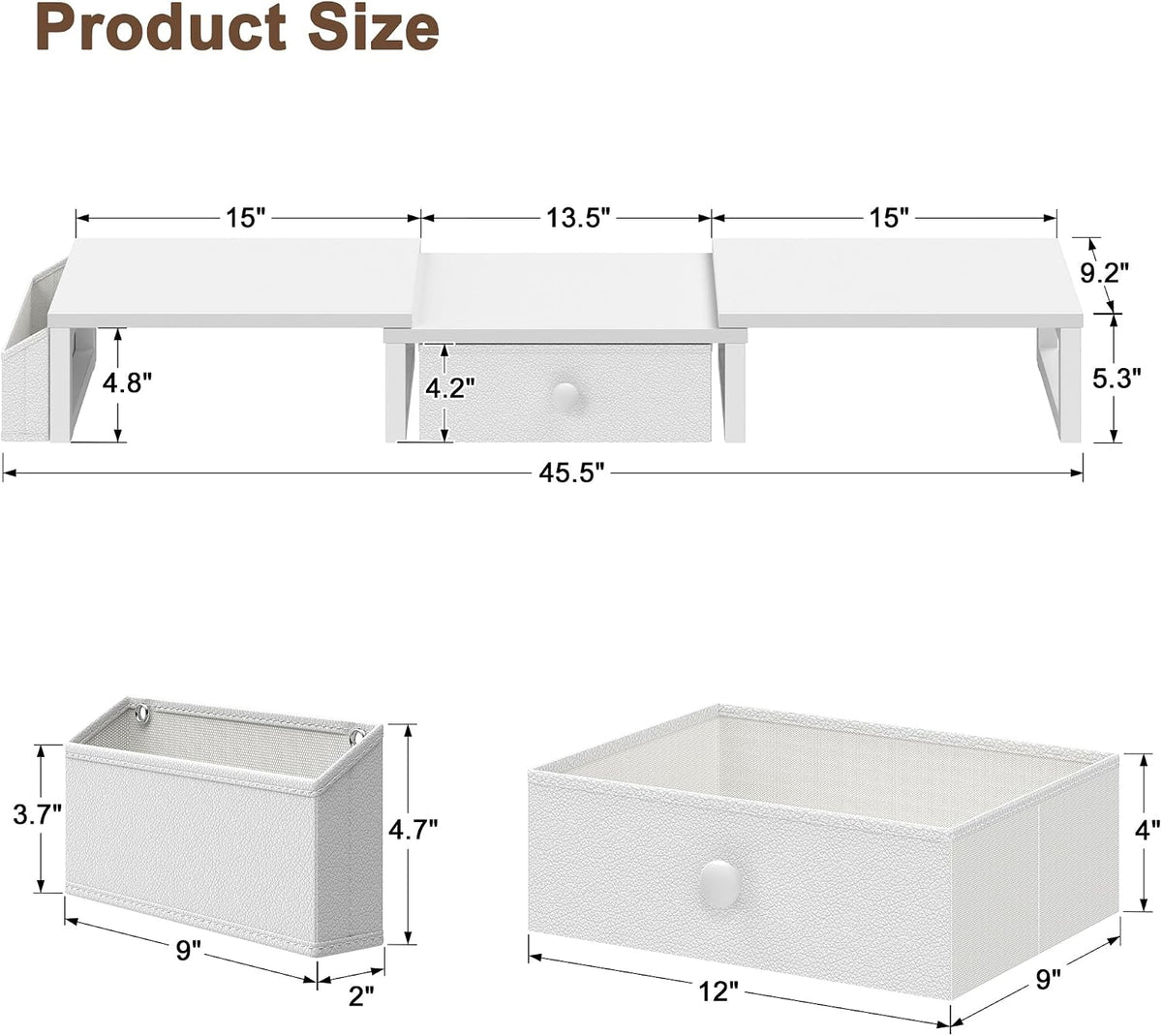 LAND·VOI Heavy Duty Dual Monitor Stand, Holds 2 Screens Up to 27 Inches, Adjustable Length and Angle Monitor Riser, Desk Organizer with Side Pockets and Drawers, Home Office Desk Storage, White