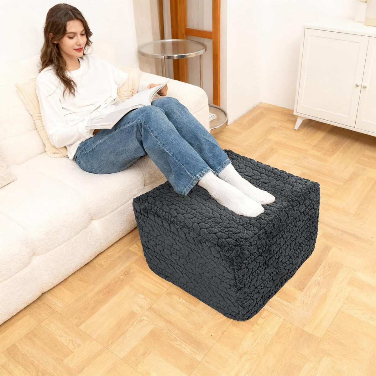 Poofieotto Square Ottoman Footrest Pouf Couch Foot Stool 20x20x14 in, Gray