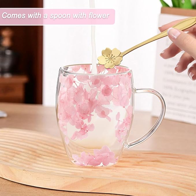 Gifts for Women Dried Flowers Double Wall Glass Coffee Mugs Cute Glass Tea Cups
