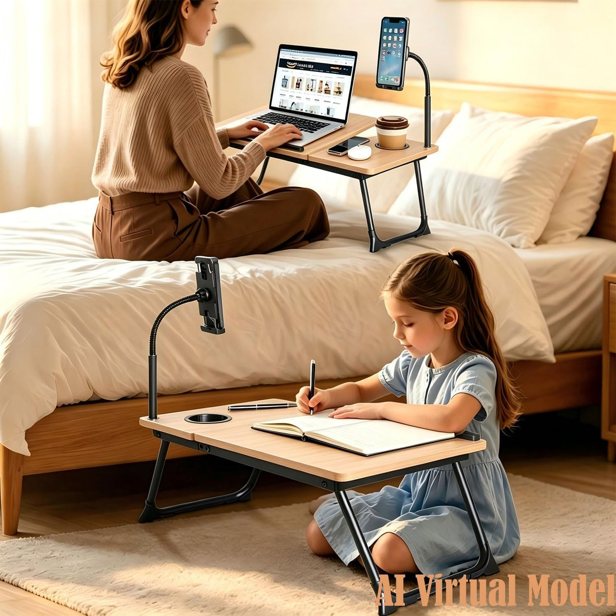 Foldable Lap Desk for Bed and Sofa, Portable Laptop Desk with Gooseneck Phone Stand, Cup Holder & Mouse Pad Extension, Extra Large Bed Desk Tray fits up to 17" Laptops (Natural)