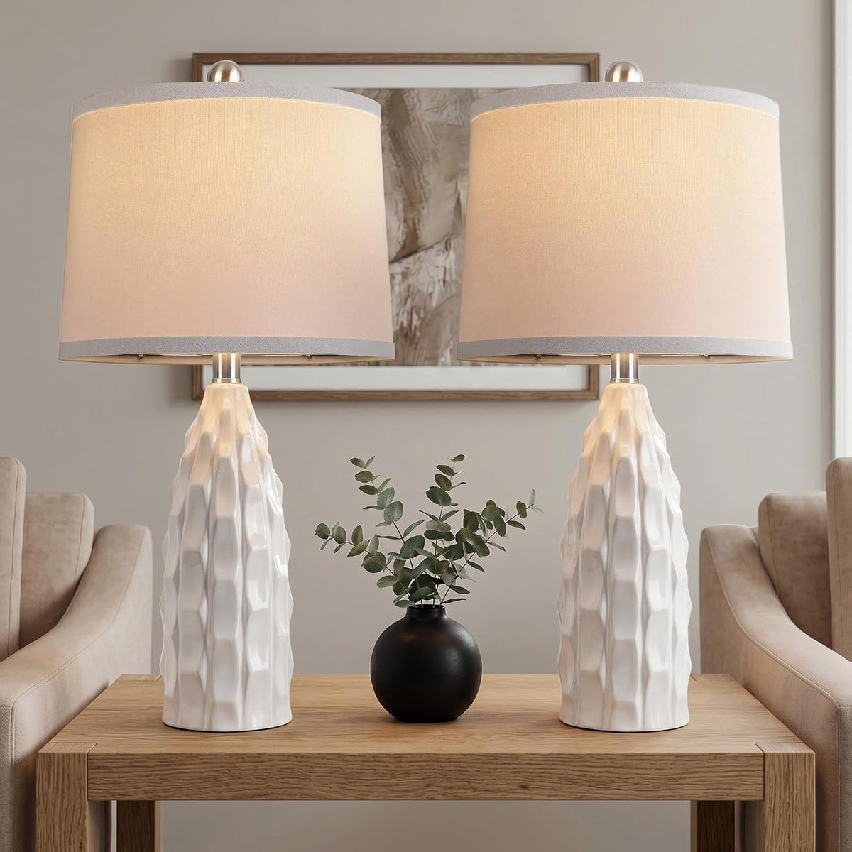 WIHTU 24'' Modern Ceramic Table Lamps Set of 2, White Lamps for Bedroom