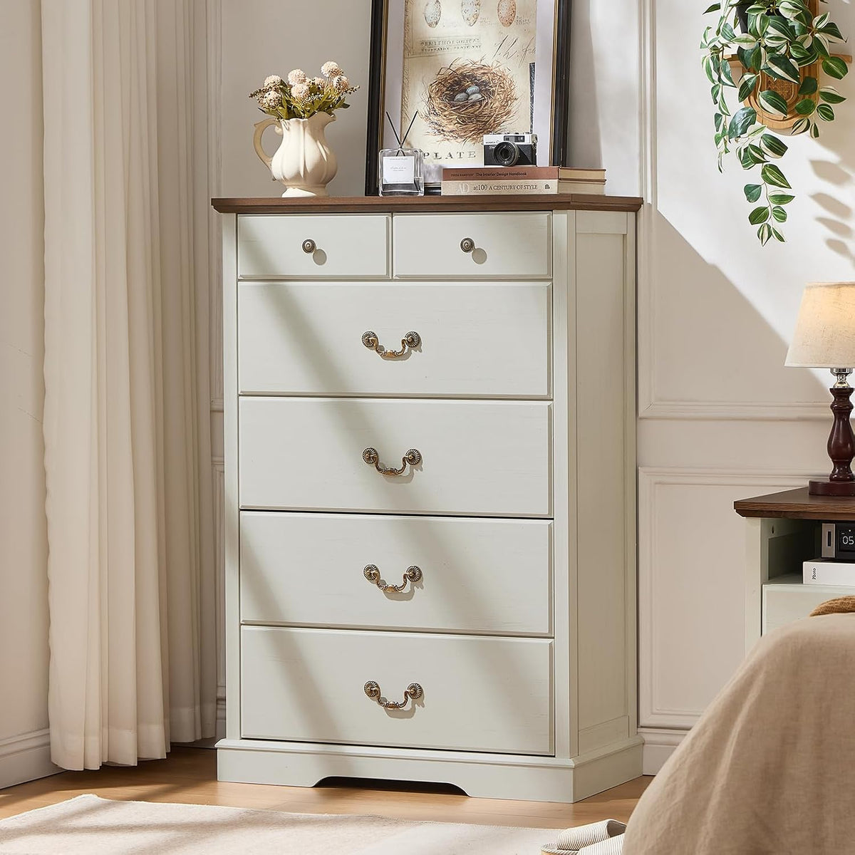 6 Drawer Dresser,Farmhouse Wood Chest of Drawers for Bedroom,47" Tall Dresser with Rustic Handles,Wood Drawer Organizer for Living Room,Hallway,Closet,White