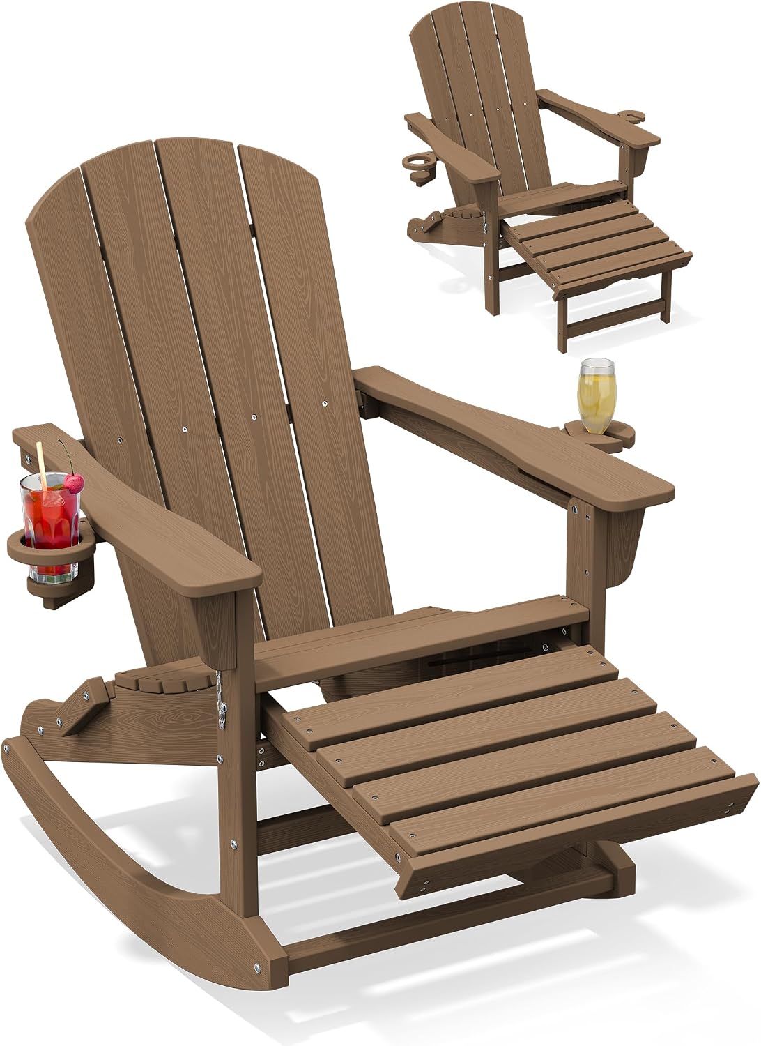 KINGYES HDPE Adirondack Rocking Chair with Footrest and Cup Holders