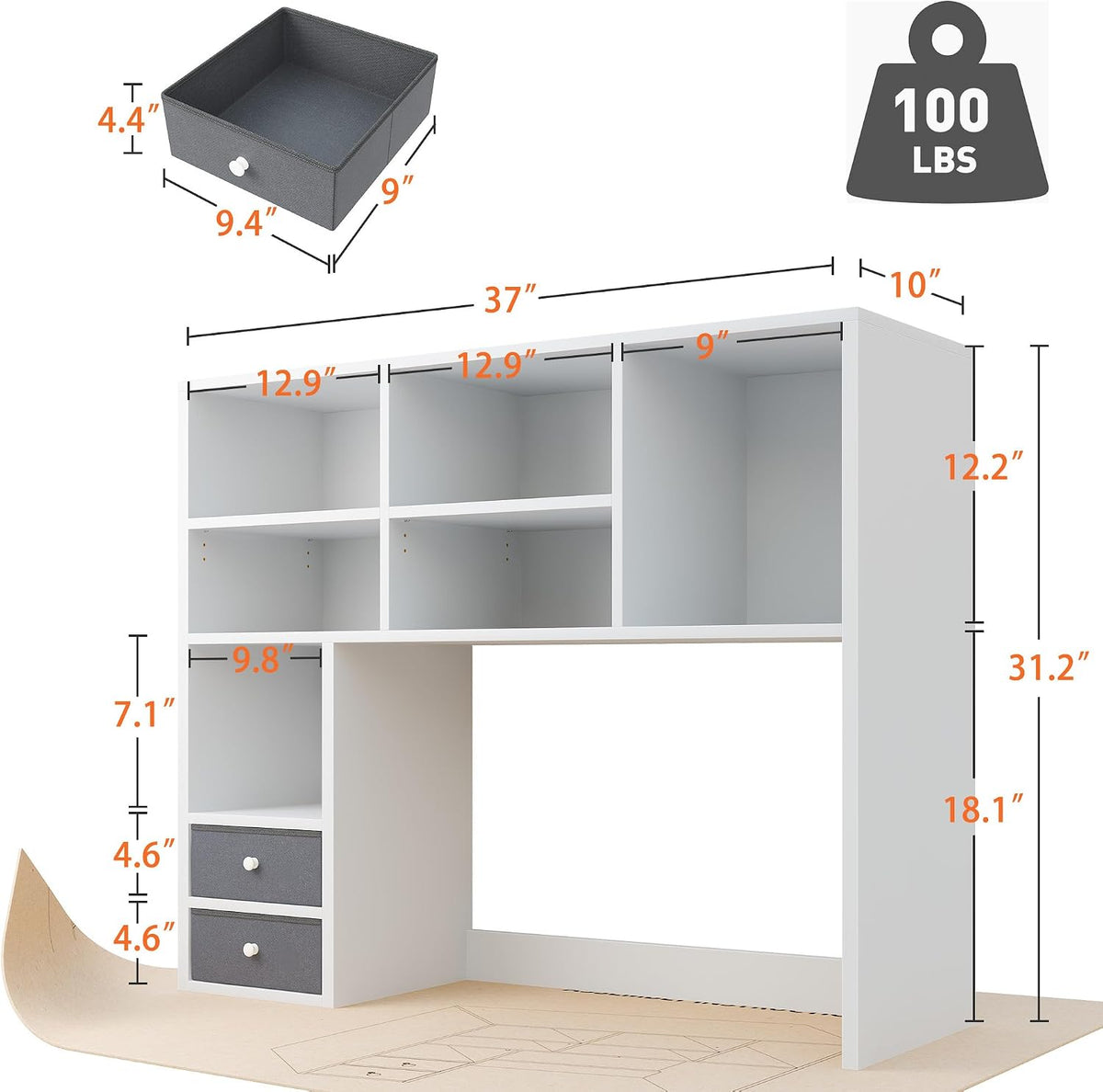 REIBII Desktop Bookshelf, 8 Shelves Desk Hutch for Dorm Room, White