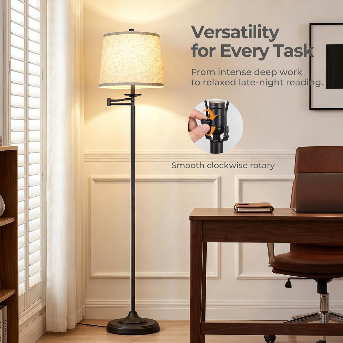 Qingmiao 61" Vintage Floor Lamp with Swing Arm 350° Adjustable, 3-Way Bulb