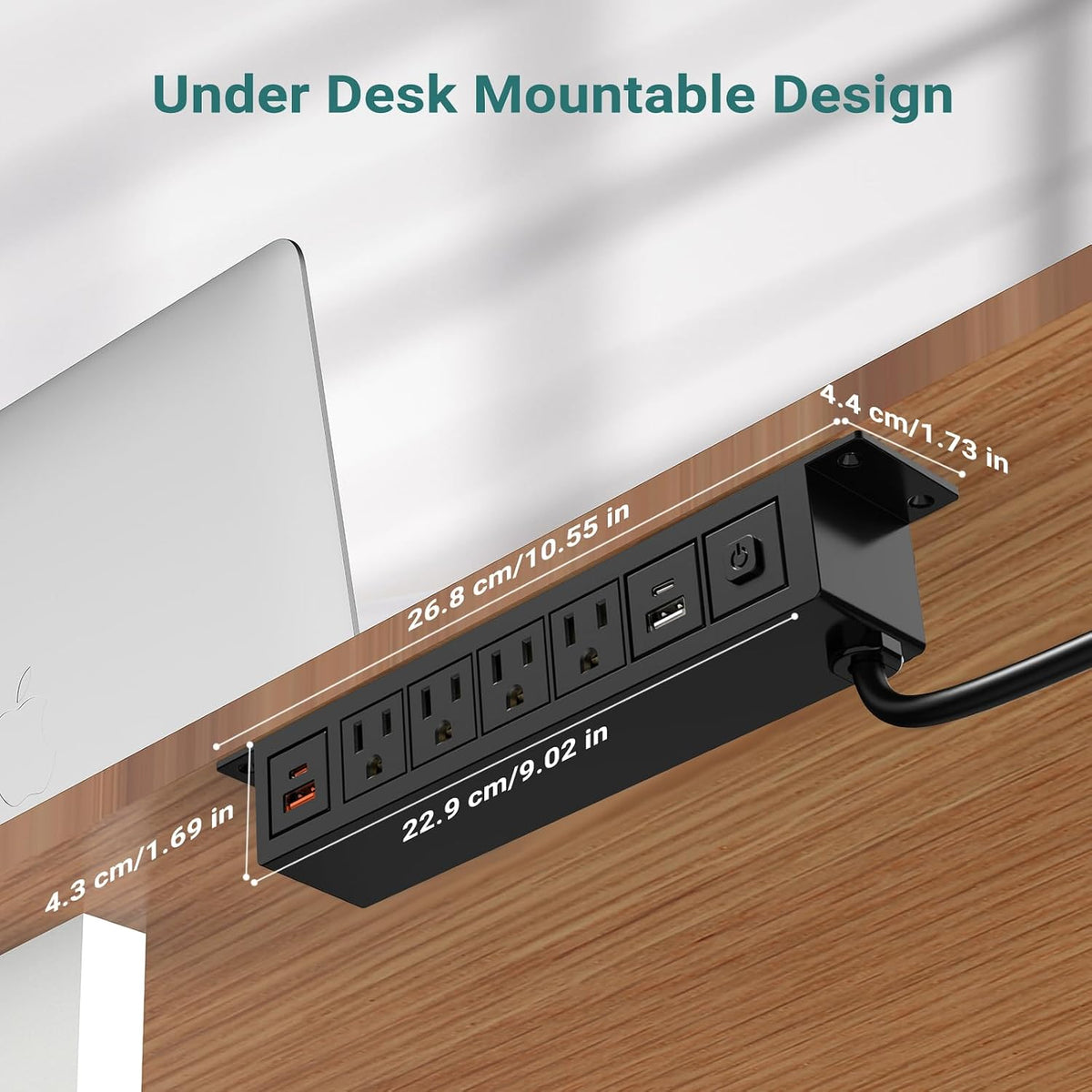 Under Desk Power Strip with 20W USB C, QBA 8-in-1 Desk Outlet Station, 4 AC Outlets, 2 USB-C, 2 USB-A, 6FT Cable, Desk Mount Power Strip for Home Office Conference, ETL Listed(Black)
