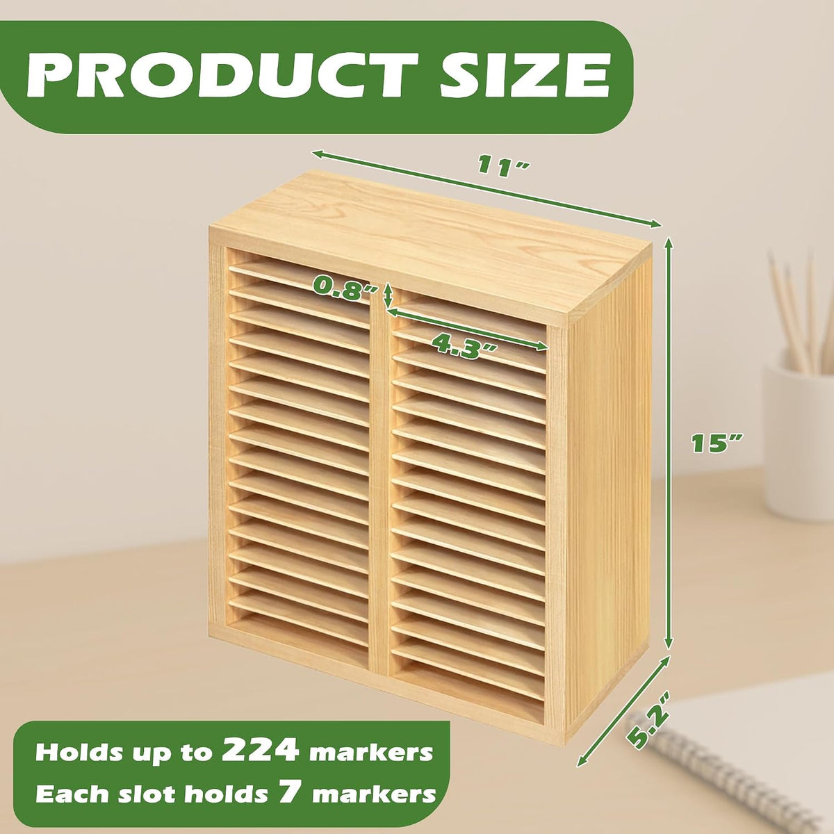 PROLEE Marker Organizer for 224 Markers, Wooden Alcohol Marker Holder with 32 Compartments, Horizontal Art Pen and Pencil Storage Rack for Desk, Classroom and Studio, Natural