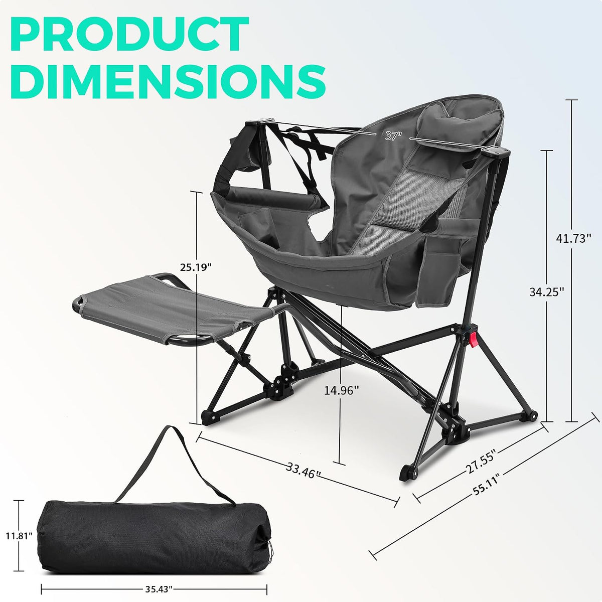 Ainfox Hammock Camping Chair with Footrest, Foldable Portable Rocking Chairs for Adults Outside Swinging Camp with Cup Holder Pillow for Outdoor Patio Poolside (Grey)