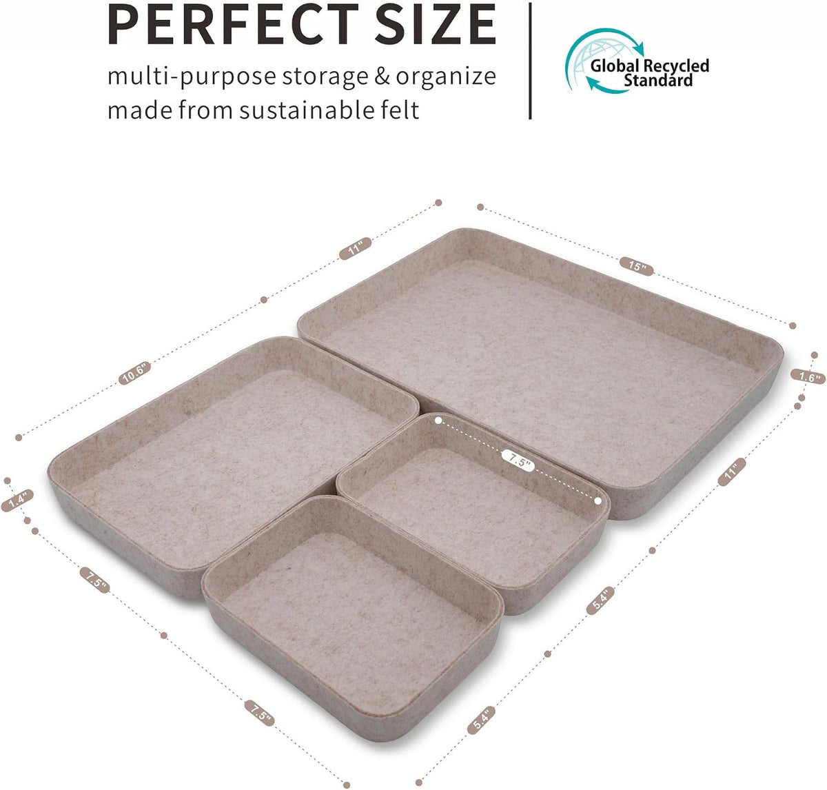 Welaxy Felt Desk Organizer Trays Fit 15" Laptop Drawer Bins 4-Pack Oatmeal