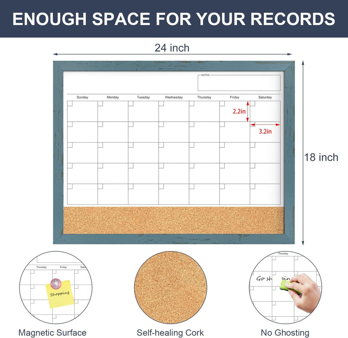 Tankee Whiteboard Calendar, 24x18 Hanging Dry Erase Calendar for Wall