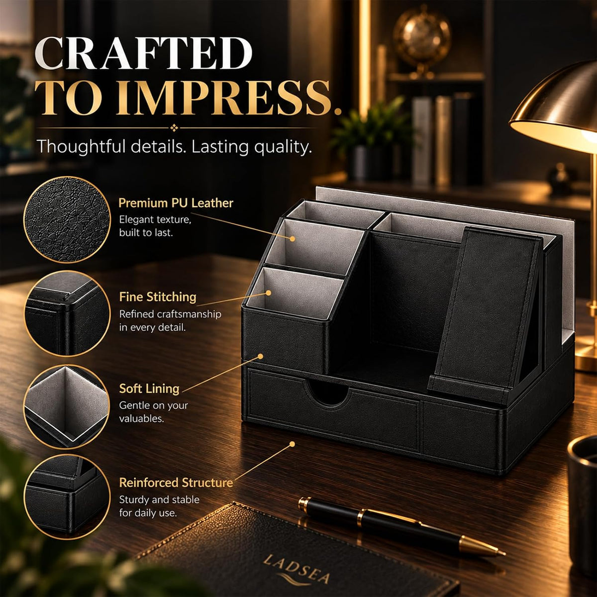 6-in-1 Desk Organizer for Men, PU Leather Phone Stand with Drawer, Bedside Nightstand Caddy for Watch, Wallet and Glasses