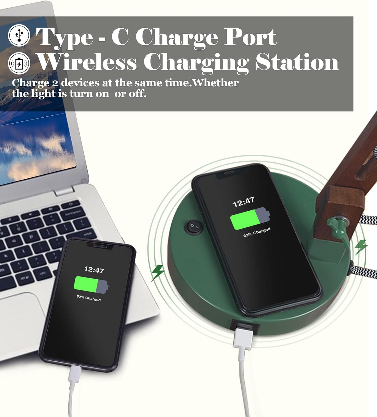 ELYONA LED Desk Lamp with Wireless Charger, Sapele Wood Reading Light with USB C Charging Port, Swing Arm Table Lamp for Home Office, College Dorm, Bedroom Living Room, Bulb Included, Vintage Green
