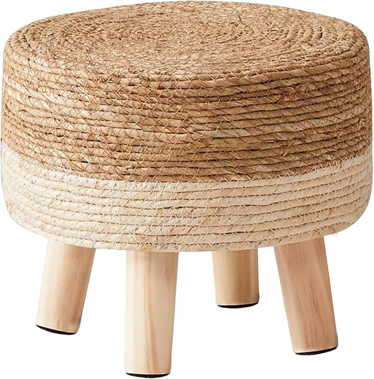 Wimarsbon Round Foot Stool Natural Seagrass Poufs Ottoman Hand Weave Footrest Stool for Couch Desk Extra Seat Step Stool with Solid Wood Legs for Hallway Patio Lounge White
