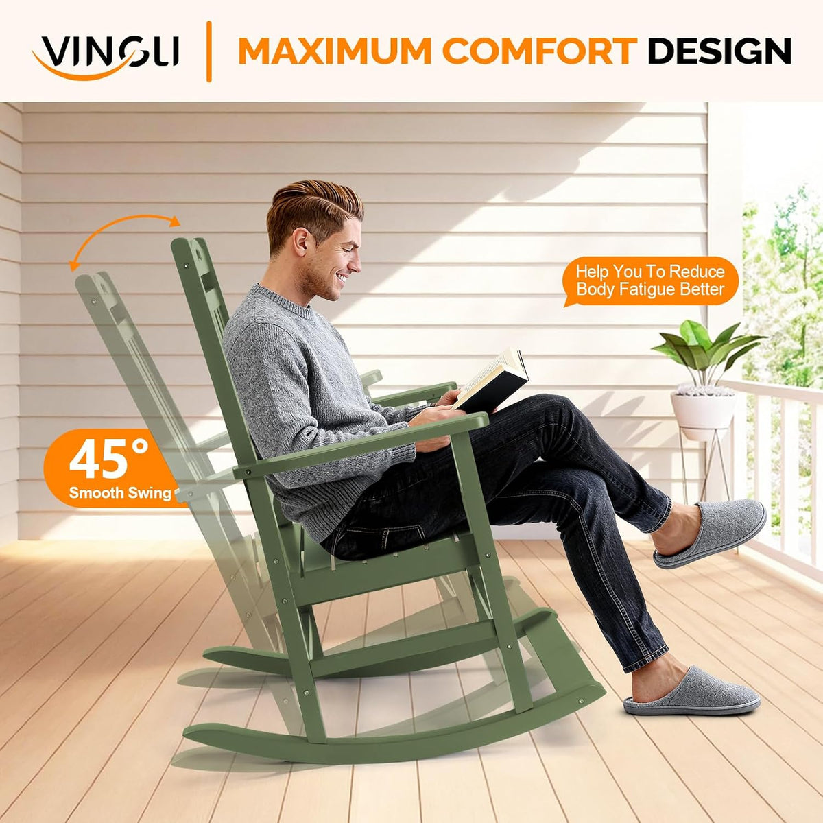 VINGLI Outdoor Rocking Chair with Footrest, Wooden Rocking Chair, Green
