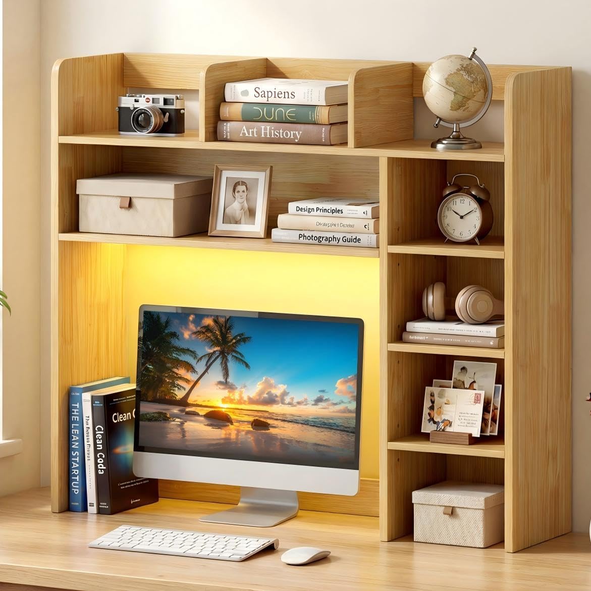 Desktop Bookshelf, Wood Countertop Bookcase with Shelves, Desk Hutch for College Dorm, Multipurpose Desk Organizer Shelf Display Rack for Home Office, Hutch Top Only (Burlywood, 8 Shelf)