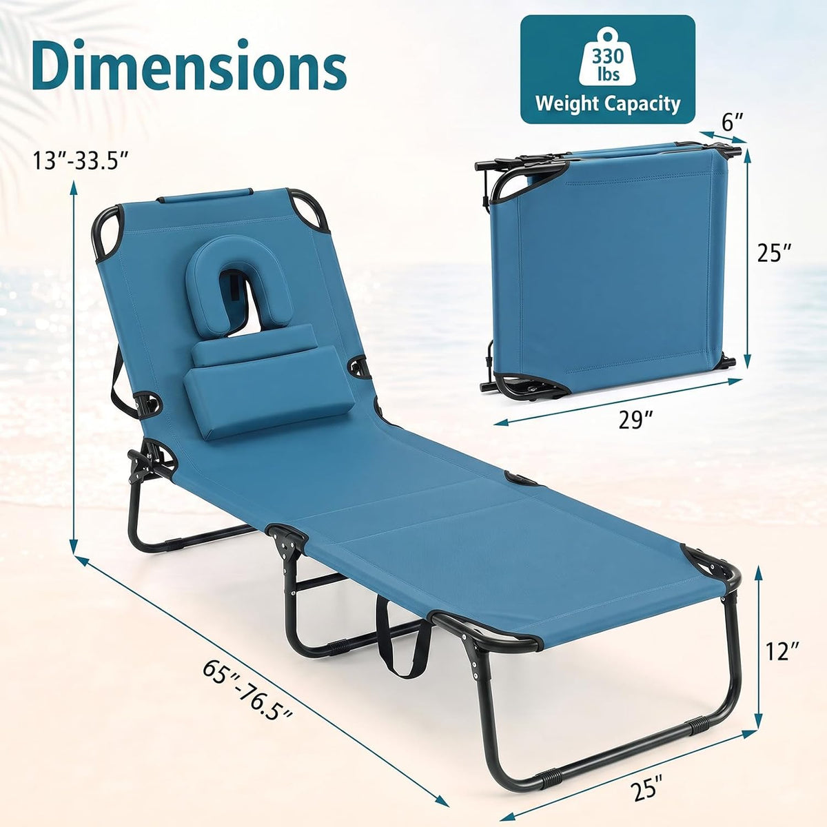 GYMAX Tanning Chair, Folding Lounge Chairs with Face Hole & Cover, Removable Pillow Carry Handle, Portable Compact Outdoor Layout Recliner for Beach, Poolside, Lawn, Patio, Camping (Blue,2)