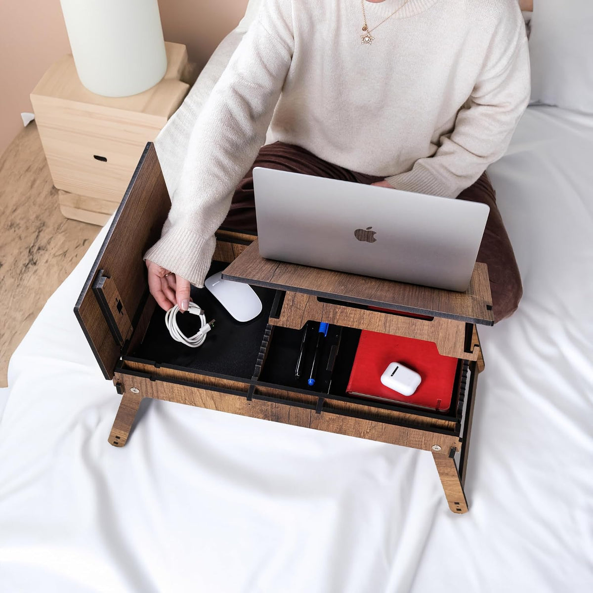 Vigo Wood Laptop Stand with Adjustable Tilt, Folding Legs and Storage Space, Reading Table and Work Desk (Walnut)