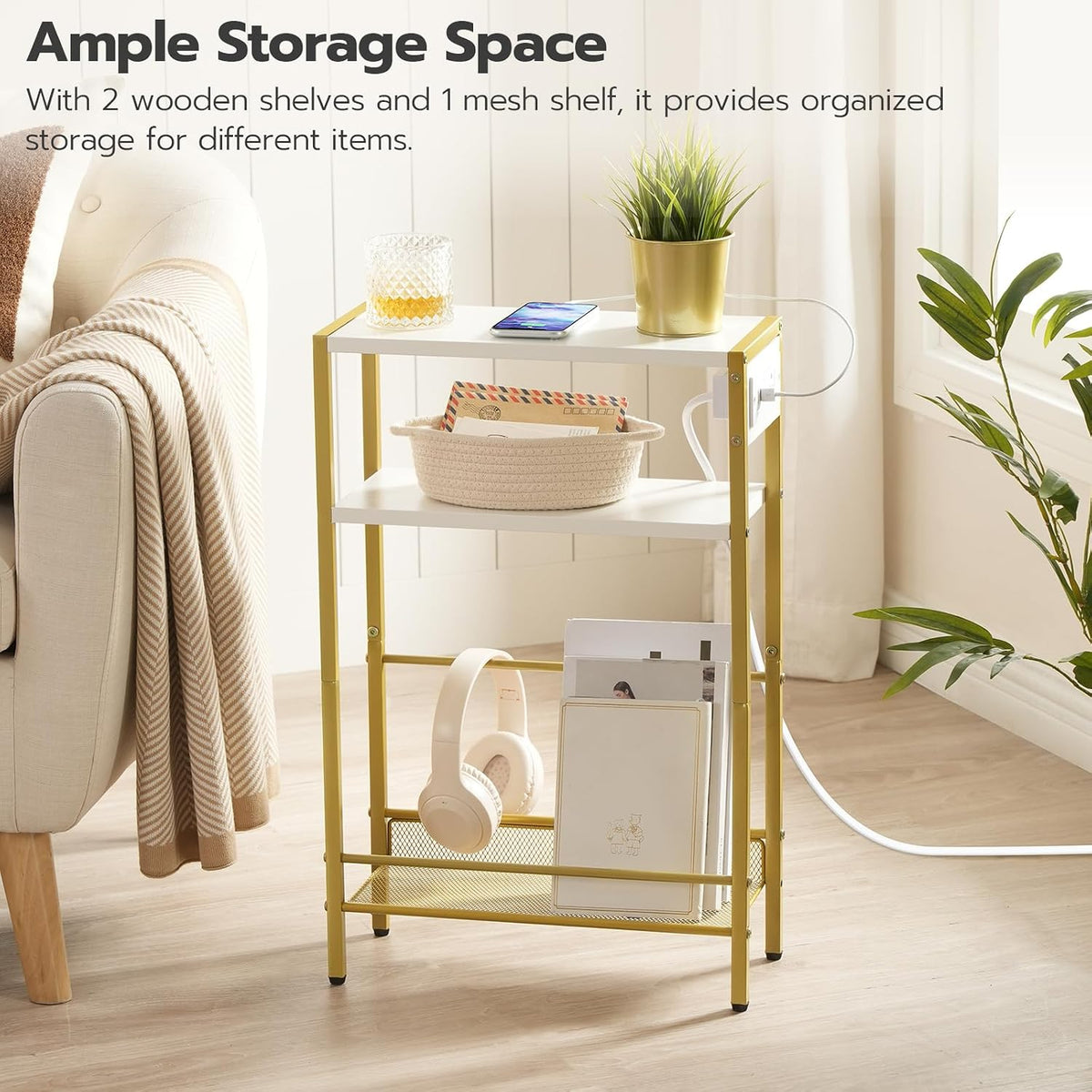 HOOBRO Small Narrow Side Table with Charging Station, Skinny End Table for Small Spaces, Slim Nightstand with USB Ports Outlet, Sofa Beside Table with Storage Shelf, White and Gold DW102UBZ01