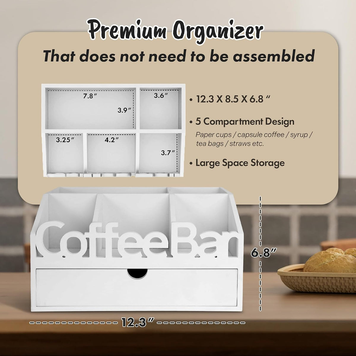 Coffee Bar Organizer Countertop,Wood Coffee Station with Drawer,Home&Office