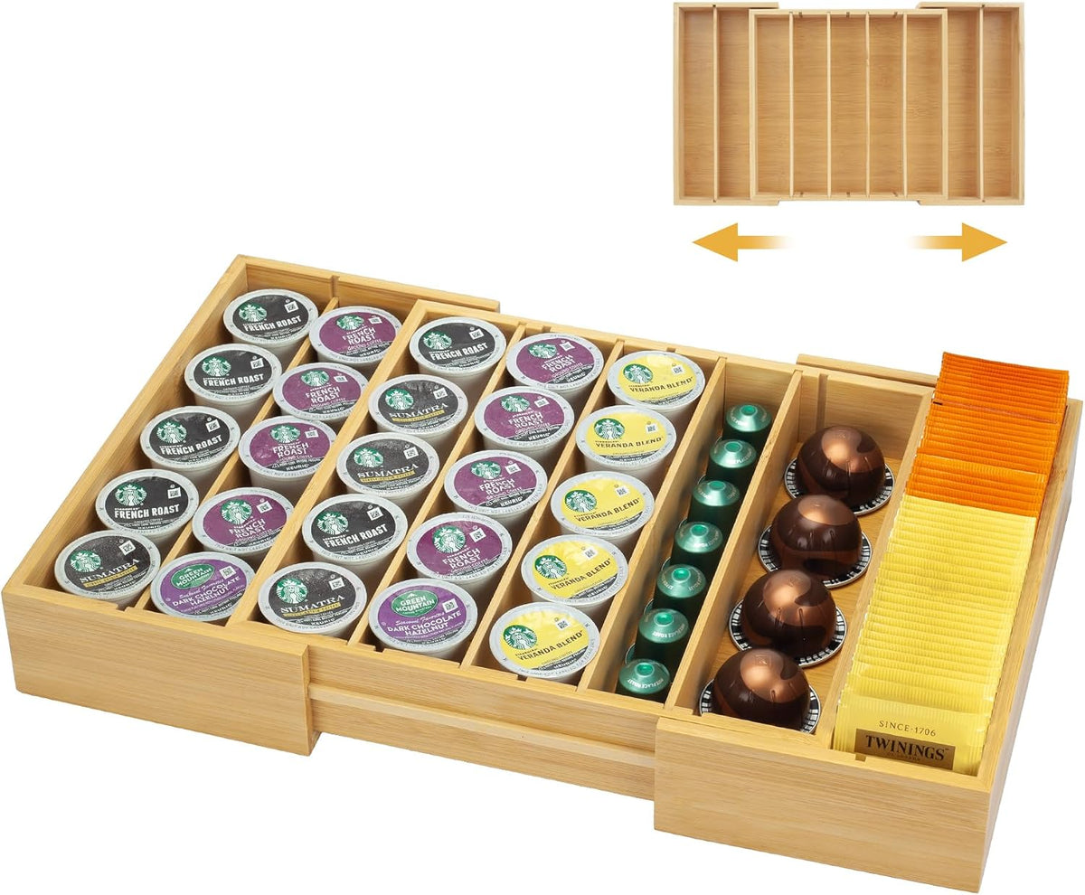 MinBoo Bamboo K Cup Holder for Drawer or Countertop Coffee Pod Holder Expandable K Cup Pod Storage Tea bag organizer K Cup Storage for Coffee Station Home Office and Kitchen, Natural