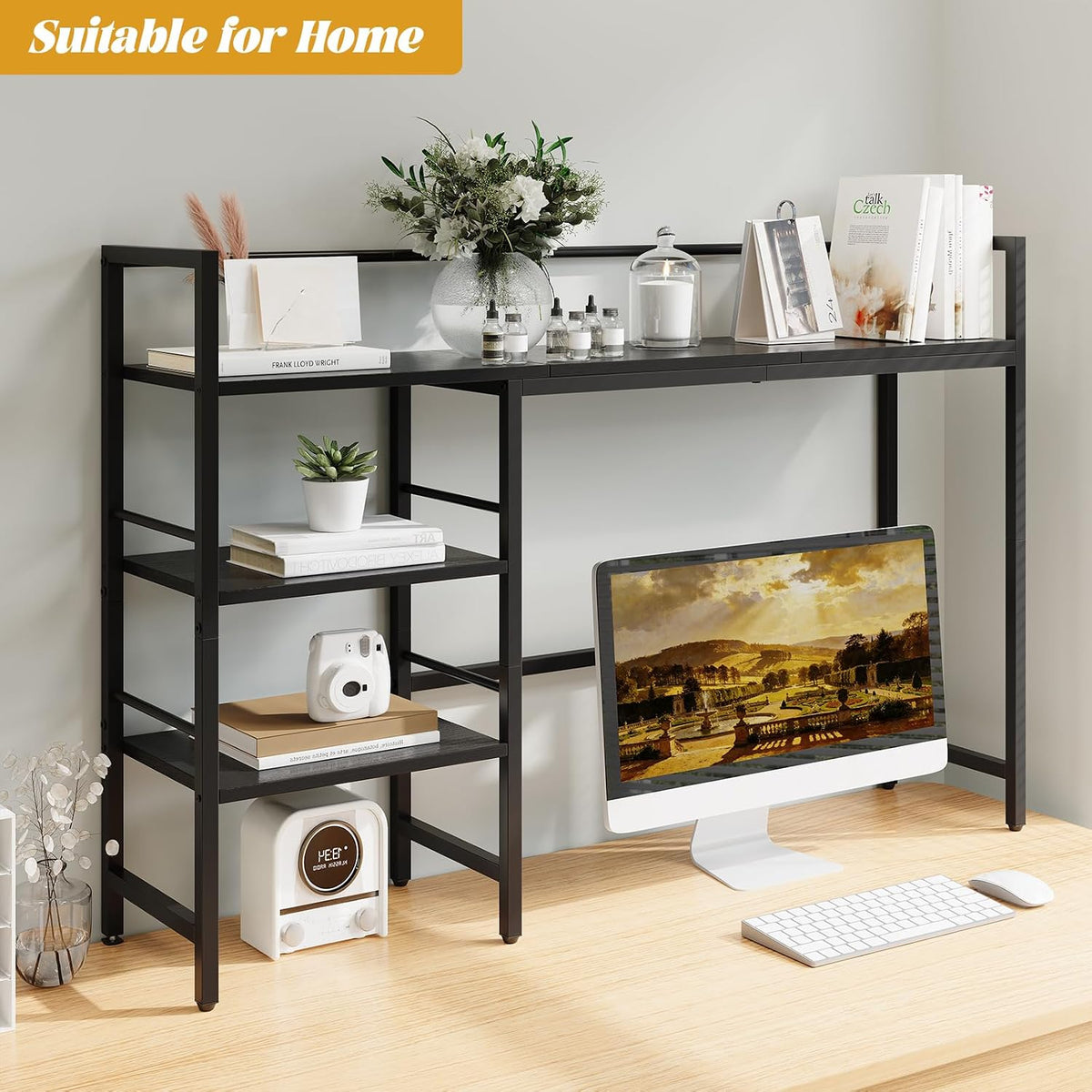 HavenlyYouth Desk Shelf, 45.4 Inch Wood Desk Organizer Shelf for Computer Monitor, Desk Hutch Storage, Desktop Shelf for Top of Desk, 3 Tier Desktop Bookshelf for Home Office Dorm, Black