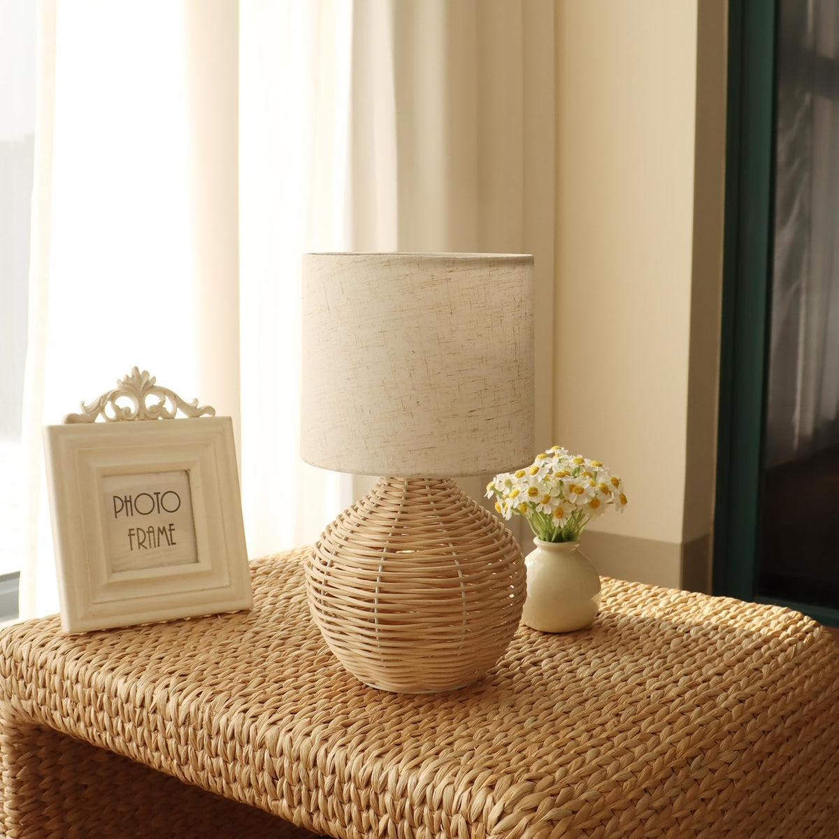 Rattan Table Lamp, Boho Farmhouse Style, Cotton Linen Lamp Shade, 6.2×6.2×11.8 Inch Small Table Lamp, with E12 LED Warm Light Bulb