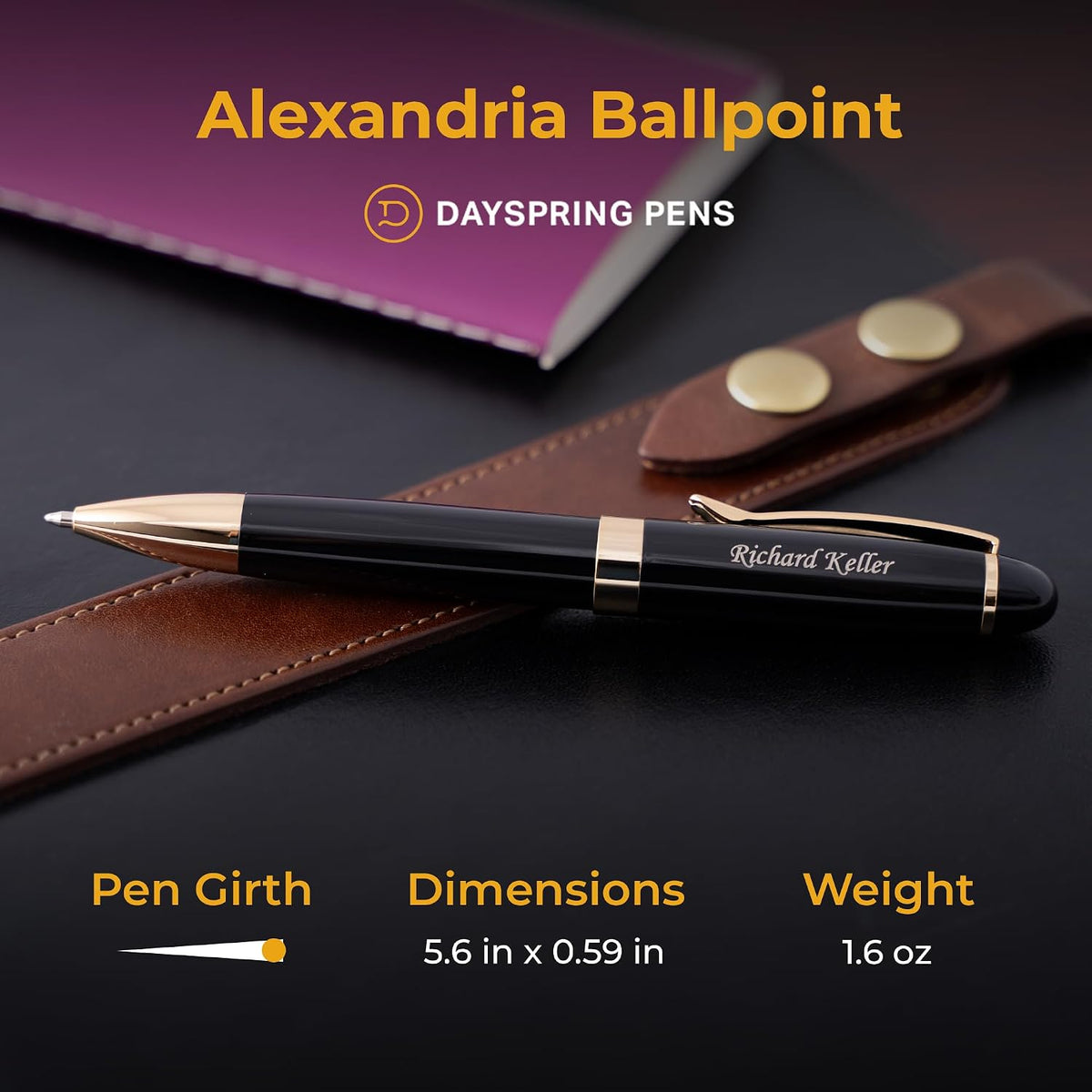 Dayspring Pens Alexandria Personalized Ballpoint Pen, Black with Gold Trim