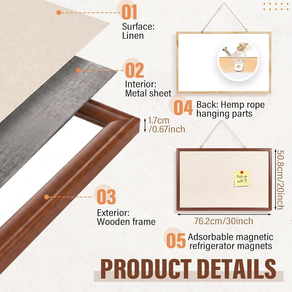 Magnetic Linen Bulletin Board Wood for Wall, 30 x 20'', Walnut
