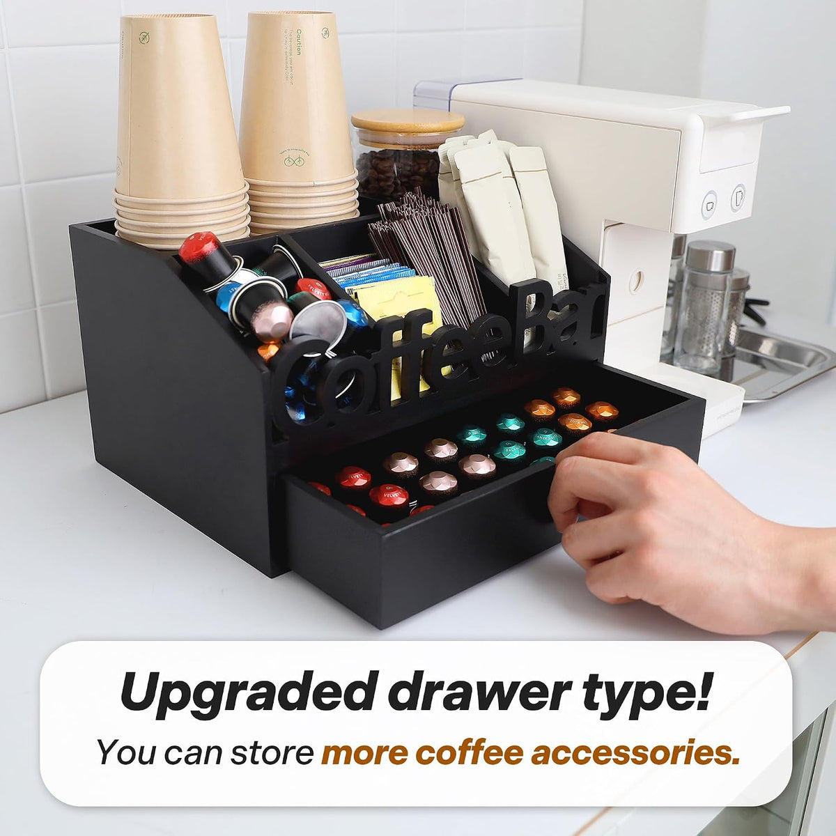 Coffee Bar Organizer Countertop, Wooden Coffee Station with Black Drawer